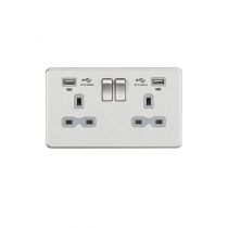 MLA 13A 2G Switched Socket, Dual USB (2.4A) with LED Charge Indicators - Brushed Chrome w/grey insert