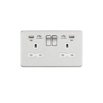 MLA 13A 2G Switched Socket, Dual USB (2.4A) with LED Charge Indicators - Brushed Chrome w/white insert