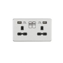 MLA 13A 2G Switched Socket with Dual USB Charger (2.4A) - Brushed Chrome with Black Insert