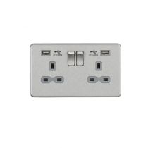 MLA 13A 2G Switched Socket with Dual USB Charger (2.4A) - Brushed Chrome with Grey Insert