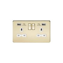 MLA 13A 2G Switched Socket with Dual USB Charger (2.4A) - Polished Brass with White Insert