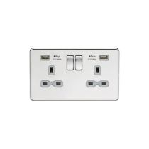 MLA 13A 2G Switched Socket with Dual USB Charger (2.4A) - Polished Chrome with Grey Insert