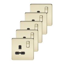 MLA 5 pack Screwless 13A 1G DP switched socket - polished brass with black insert