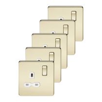 MLA 5 pack Screwless 13A 1G DP switched socket - polished brass with white insert