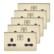 MLA 5 pack - Screwless 13A 2G DP switched socket - polished brass with black insert