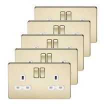 MLA 5 pack - Screwless 13A 2G DP switched socket - polished brass with white insert