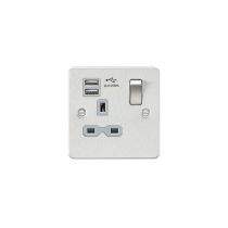 MLA Flat plate 13A 1G switched socket with dual USB charger (2.1A) - brushed chrome with grey insert