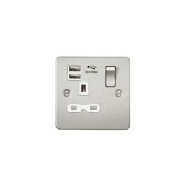 MLA Flat plate 13A 1G switched socket with dual USB charger (2.1A) - brushed chrome with white insert