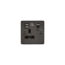 MLA Flat plate 13A 1G switched socket with dual USB charger (2.1A) - gunmetal with black insert