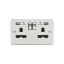 MLA Flat plate 13A 2G switched socket with dual USB charger (2.4A) - brushed chrome with black insert