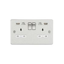 MLA Flat plate 13A 2G switched socket with dual USB charger (2.4A) - brushed chrome with white insert