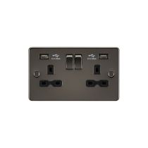 MLA Flat plate 13A 2G switched socket with dual USB charger (2.4A) - gunmetal with black insert