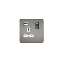 MLA Screwless 13A 1G switched socket with dual USB charger (2.1A) - black nickel with white insert