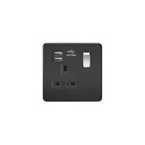 MLA Screwless 13A 1G switched socket with dual USB charger (2.1A) - matt black with chrome rocker