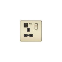 MLA Screwless 13A 1G switched socket with dual USB charger (2.1A) - polished brass with black insert
