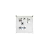 MLA Screwless 13A 1G switched socket with dual USB charger (2.1A) - polished chrome with grey insert