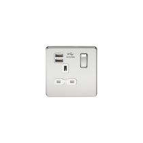 MLA Screwless 13A 1G switched socket with dual USB charger (2.1A) - polished chrome with white insert
