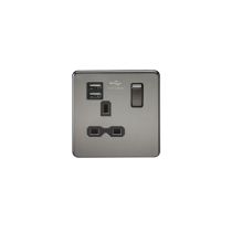 MLA Screwless 13A 1G switched socket with dual USB charger (2.4A) - black nickel with black insert
