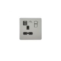 MLA Screwless 13A 1G switched socket with dual USB charger (2.4A) - brushed chrome with black insert