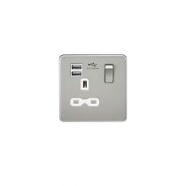 MLA Screwless 13A 1G switched socket with dual USB charger (2.4A) - brushed chrome with white insert