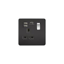 MLA Screwless 13A 1G switched socket with dual USB charger (2.4A) - matt black with chrome rocker