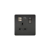 MLA Screwless 13A 1G switched socket with dual USB charger (2.4A) - matt black