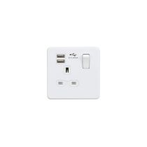 MLA Screwless 13A 1G switched socket with dual USB charger (2.4A) - matt white