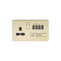 MLA Screwless 13A switched socket with quad USB charger (5.1A) - polished brass with black insert
