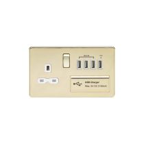 MLA Screwless 13A switched socket with quad USB charger (5.1A) - polished brass with white insert