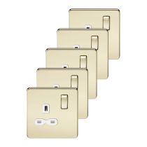 MLA 5 pack Screwless 13A 1G DP switched socket - polished brass with white insert